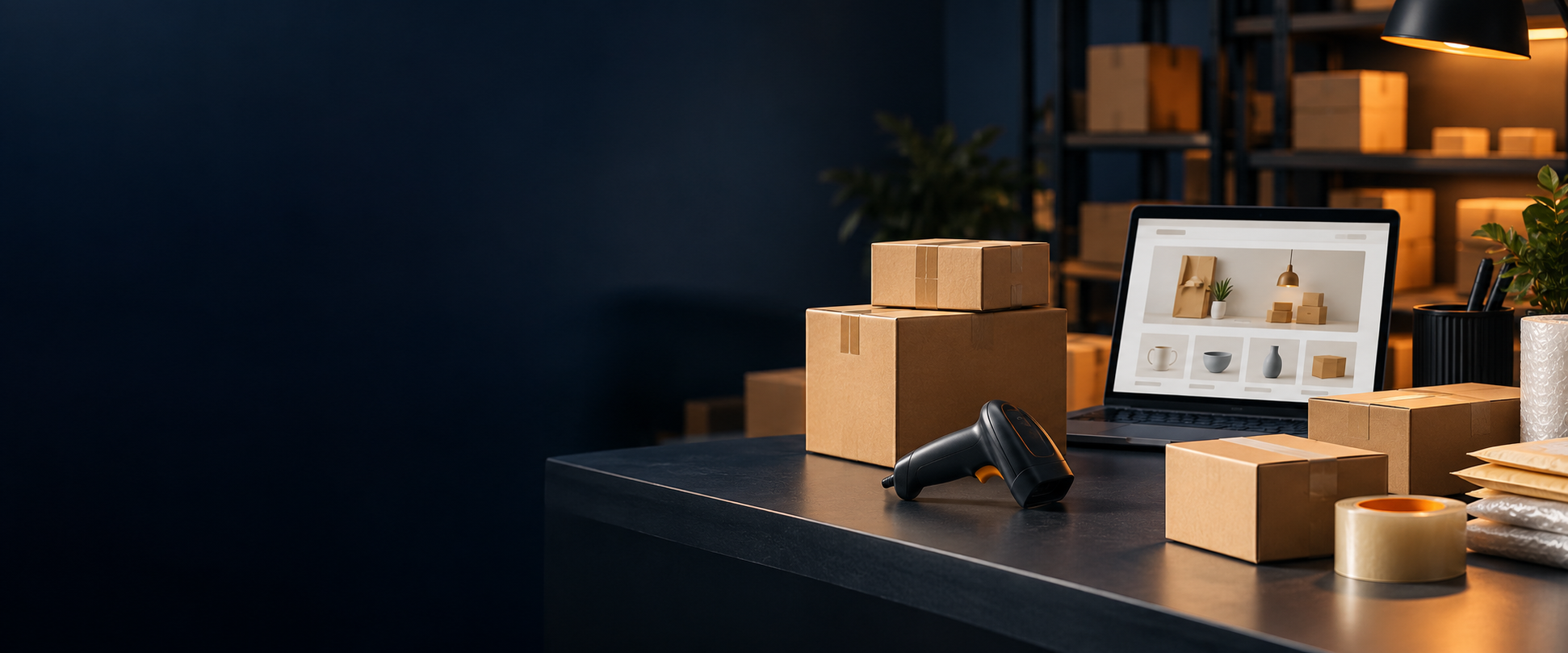 Organized e-commerce fulfillment workspace with packages and a barcode scanner