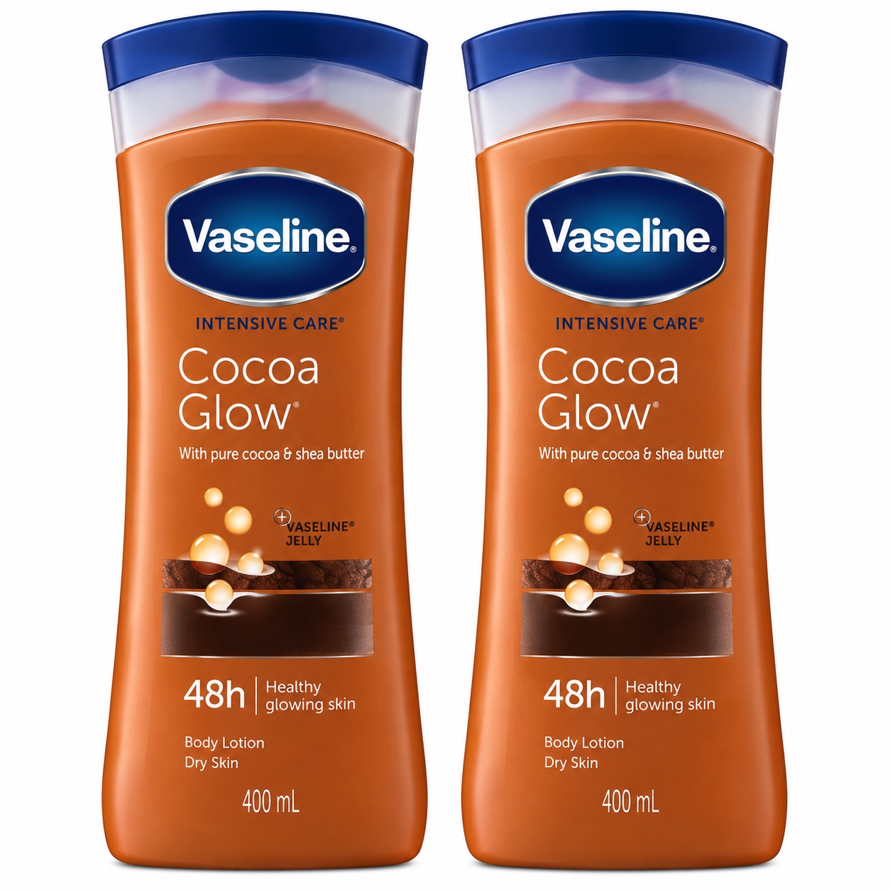 Two 400 ml bottles of Vaseline Intensive Care Cocoa Glow body lotion